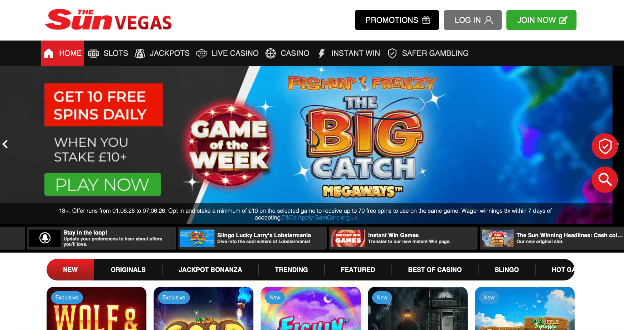 The Sun Vegas casino homepage
