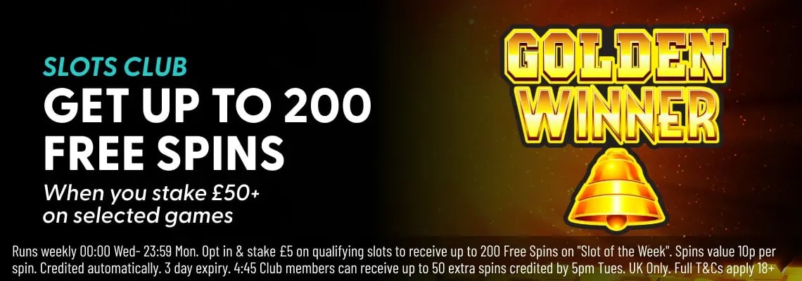 advert for the pools slots club of get up to 200 free spins