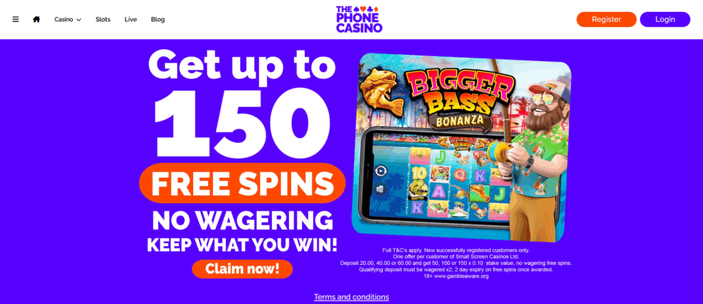 advert for the phone casino sign up offer. Up to 150 free spins.