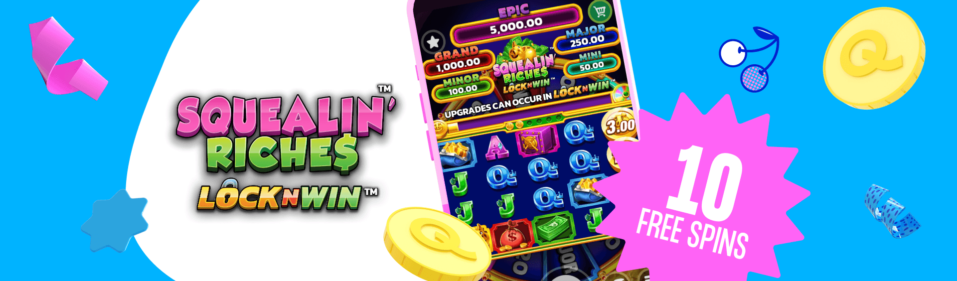 advert for MrQ Casino 10 free spins on squealin’ riches if you verify your mobile.
