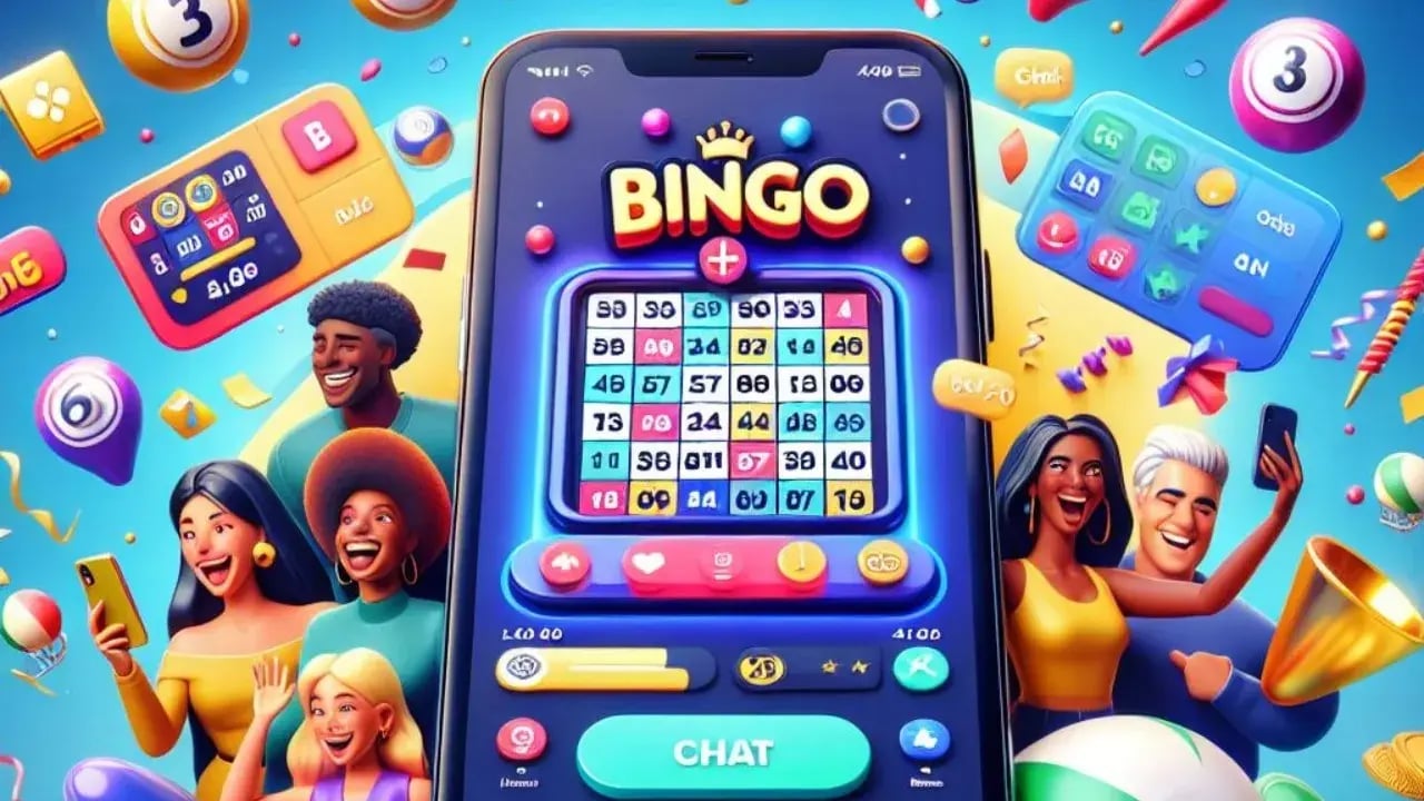 image of a mobile phone displaying a bingo game surrounded by bingo balls and people playing on the phones