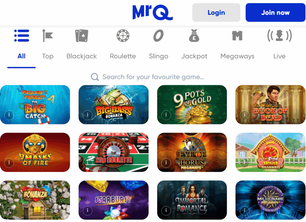 screen shot of the MrQ casino home page screen shot of the MrQ casino home page
