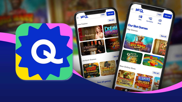 image of 2 mobile phones showing screens from the MrQ Casino app. image of 2 mobile phones showing screens from the MrQ Casino app.