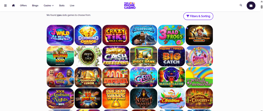 screenshot of the phone casino home page