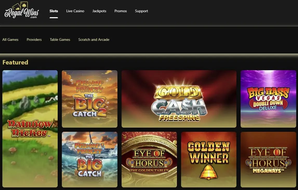 screenshot of the regal wins slots home page