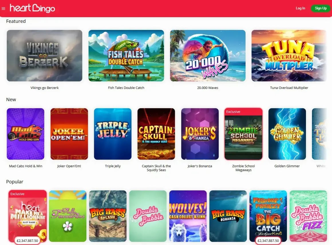 screen shot of the heart bingo website home page