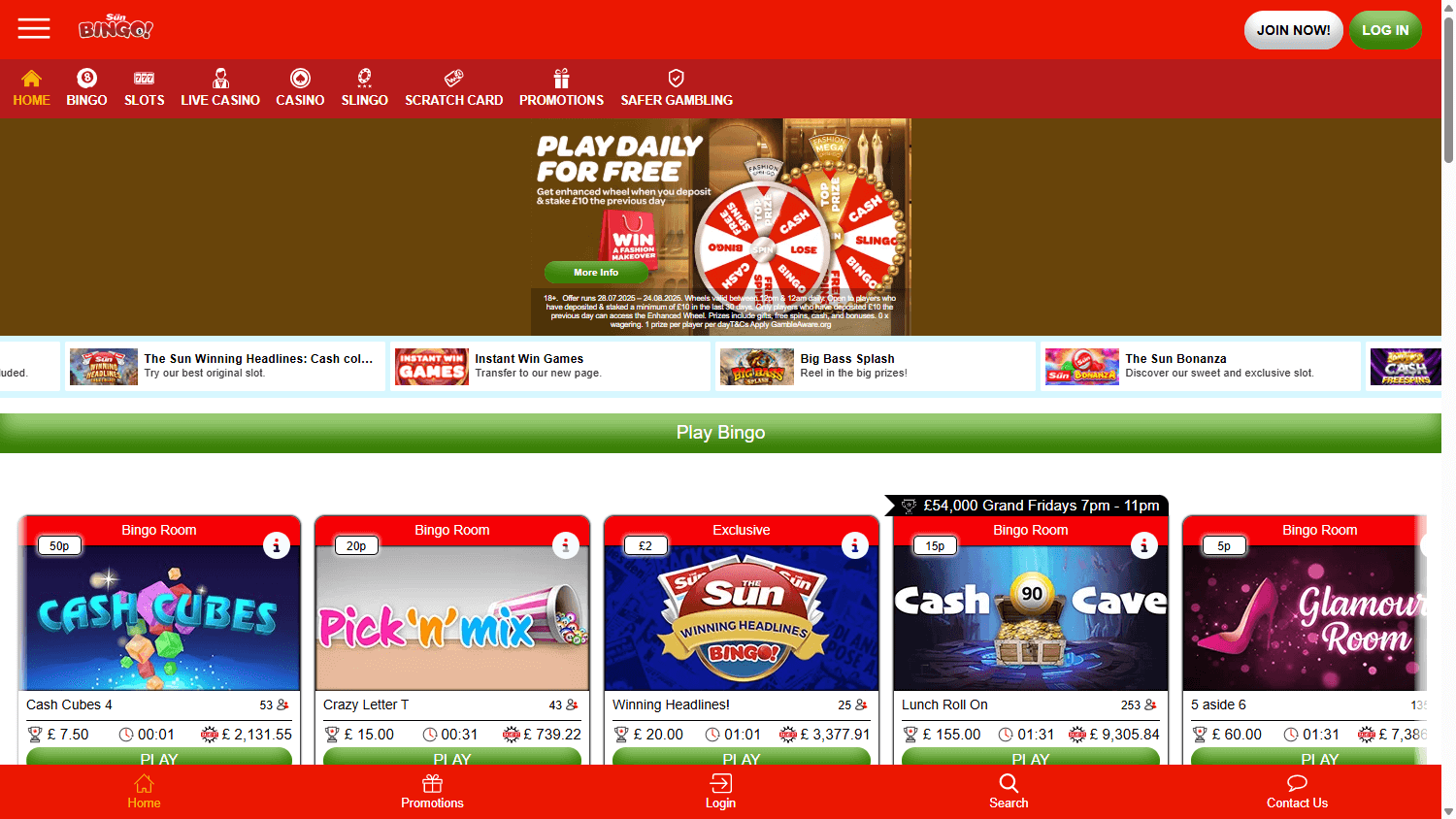 screen shot of the sun bingo website home page