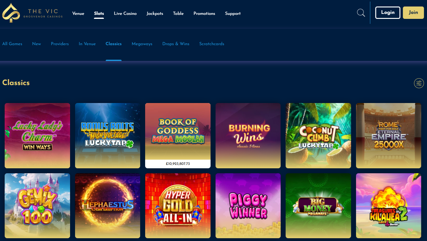screenshot of the vic casino slots home page