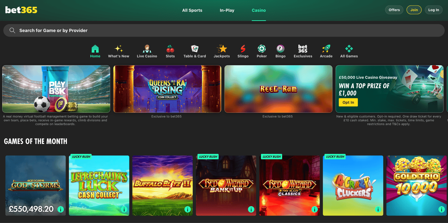 Bet365 casino homepage, showing a search bar, promotions, and games of the month