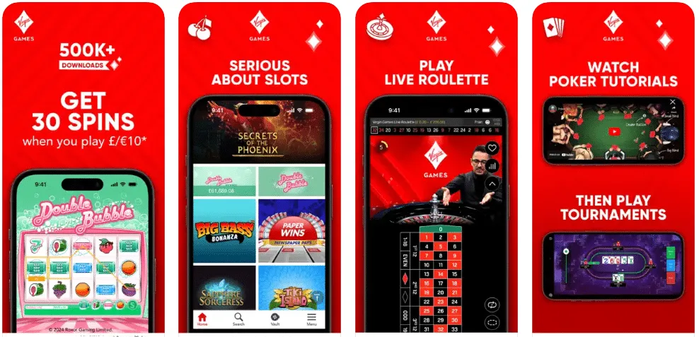 image of 4 mobile phones showing screens from the virgin games app
