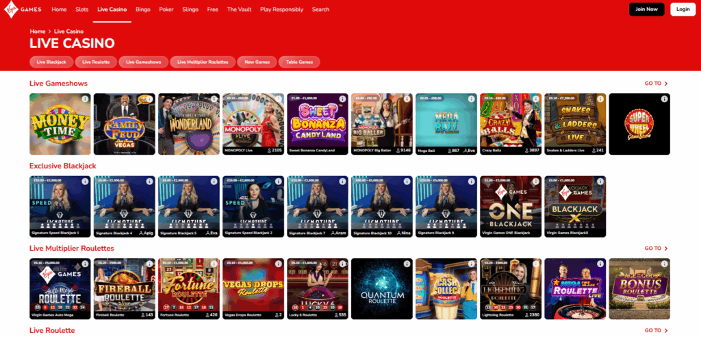 screen shot of the virgin games live casino home page