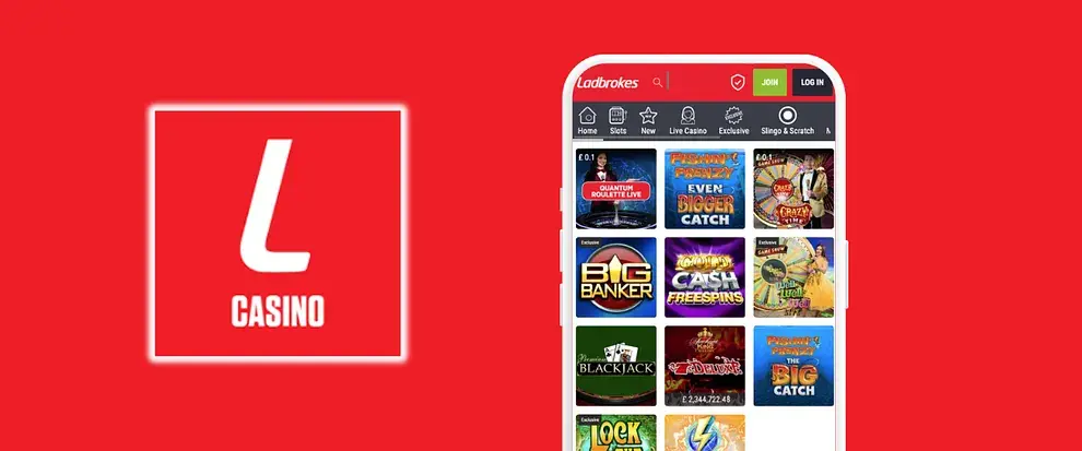 image of the ladbrokes logo next to a mobile screen displaying the ladbrokes app