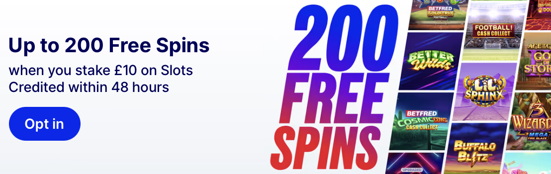 Betfred casino welcome offer - Stake £10 on slots and receive up to 200 free spins