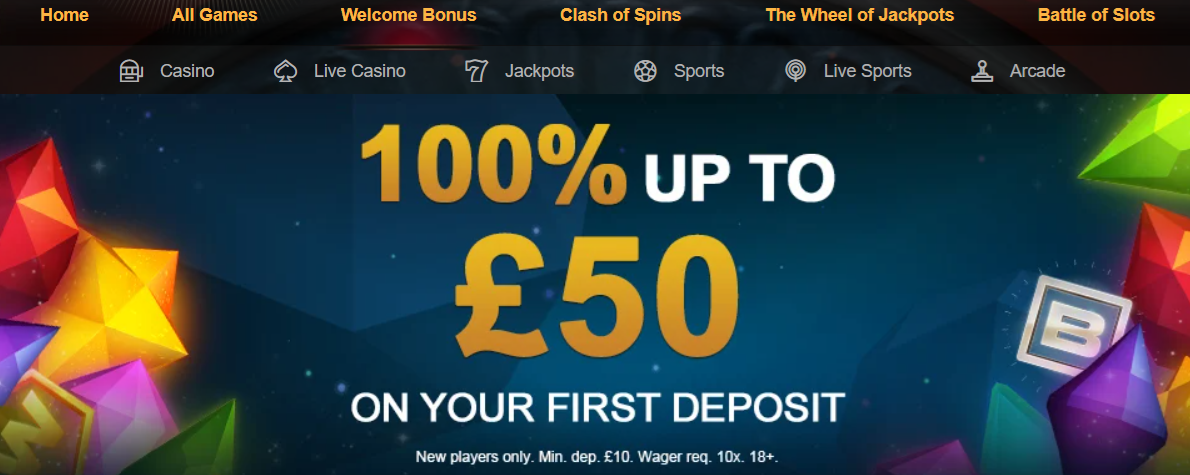 advert for the video slots casino new customers. 100% deposit bonus up to £50