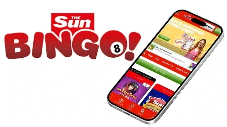 image of the sun bingo logo with a mobile phone to the right showing a page from the sun bingo app