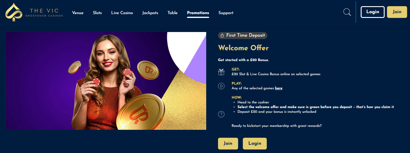 screenshot of the vic new customer offer. Deposit £20 and get a £20 bonus